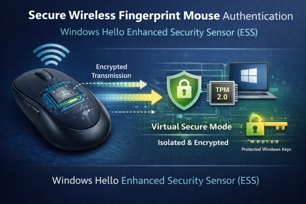 Windows Hello ESS wireless fingerprint mouse with encrypted authentication.