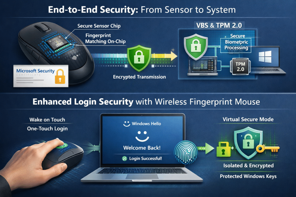 Wireless fingerprint mouse with Windows Hello ESS security and encrypted authentication.